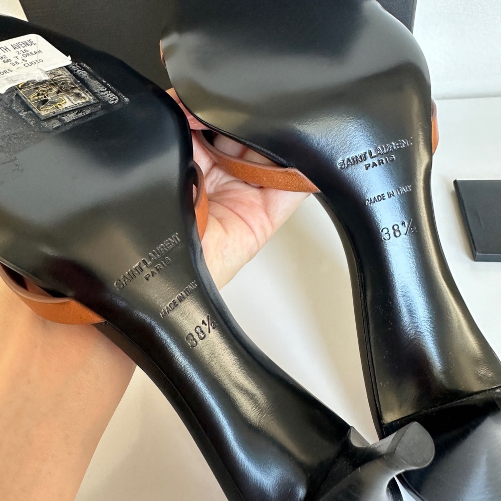 Saint Laurent Carla Black Leather Mules with Tan Straps - Picture 10 of 16